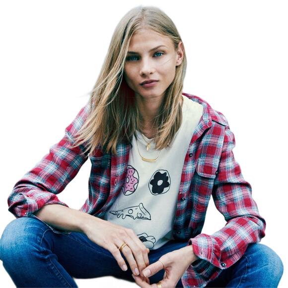 Madewell Ex-Boyfriend Shirt in Fairfax Plaid Button Front Size Small Red Grey - Picture 1 of 9